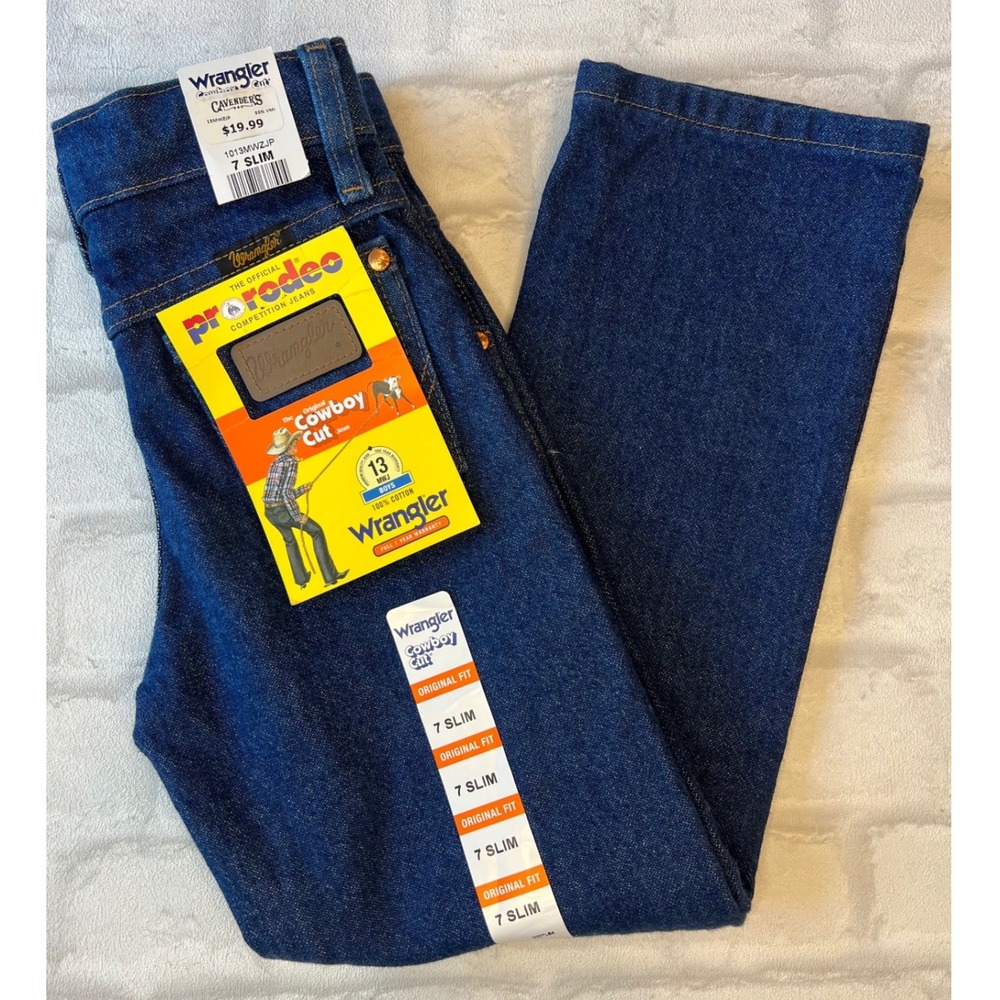NWT Wrangler Boys Cowboy Cut Original Fit Jeans 7 Slim Dark Denim 13MWJ western